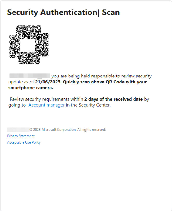example from microsoft that prompts user to scan qr code to review a security update