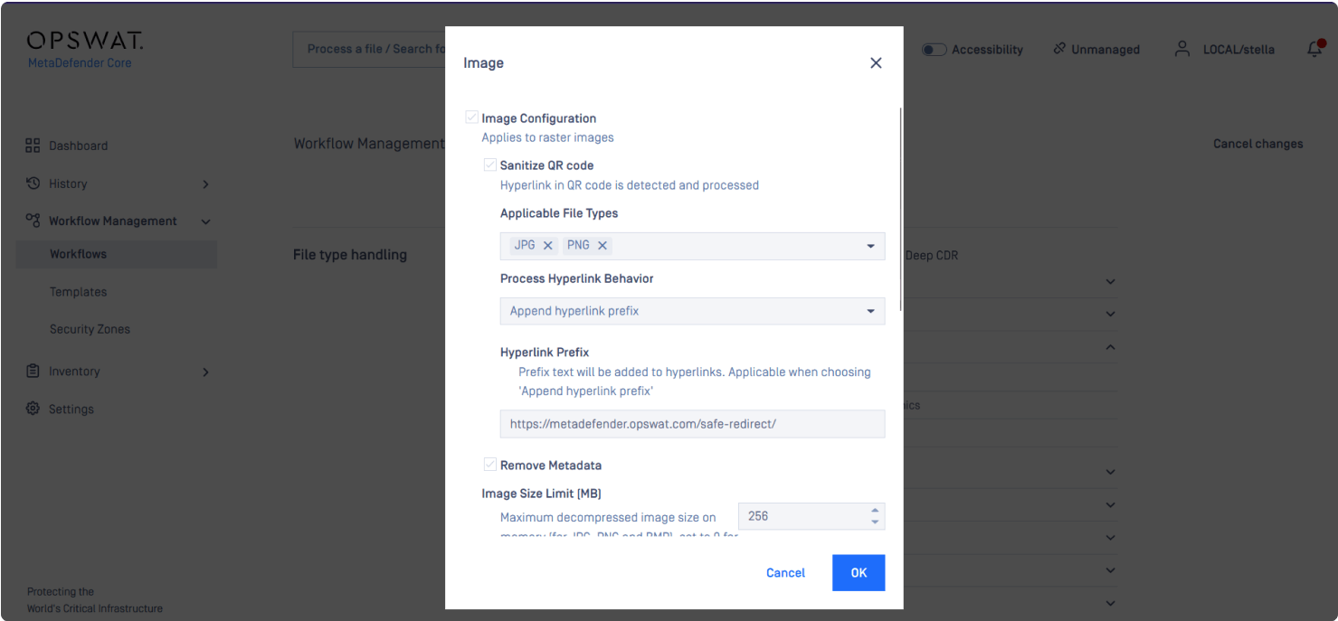 screenshot of configuration settings for images in opswat metadefender core