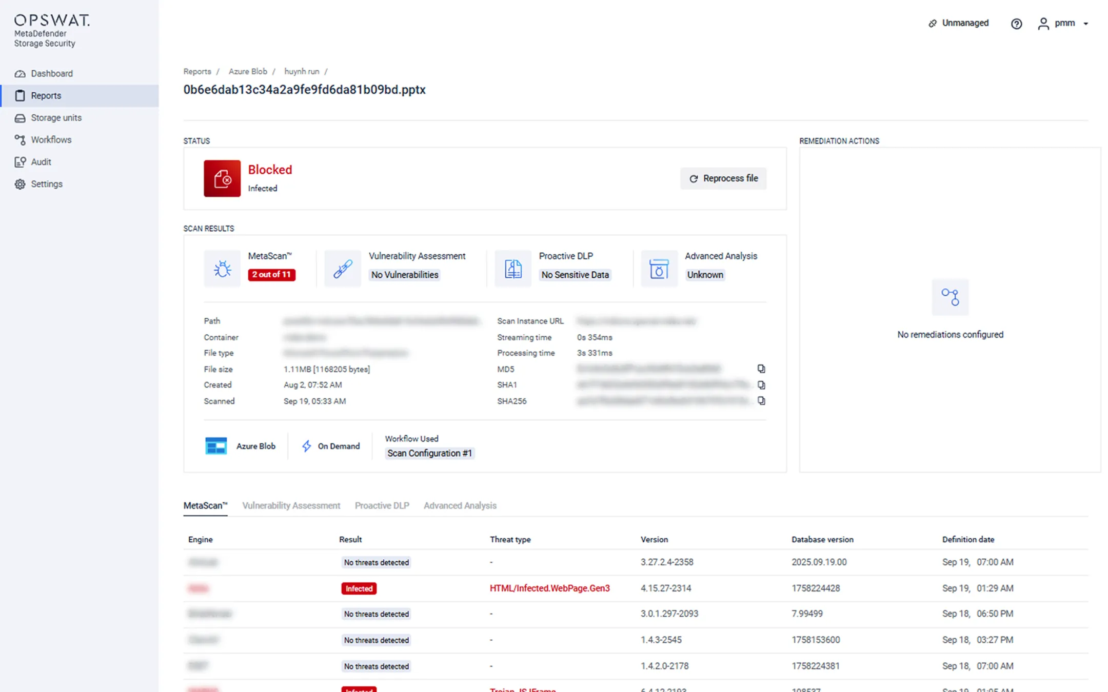 Relatório de análise de malware IU para solução de armazenamento de dados empresariais mostrando acções de deteção e correção de ficheiros infectados