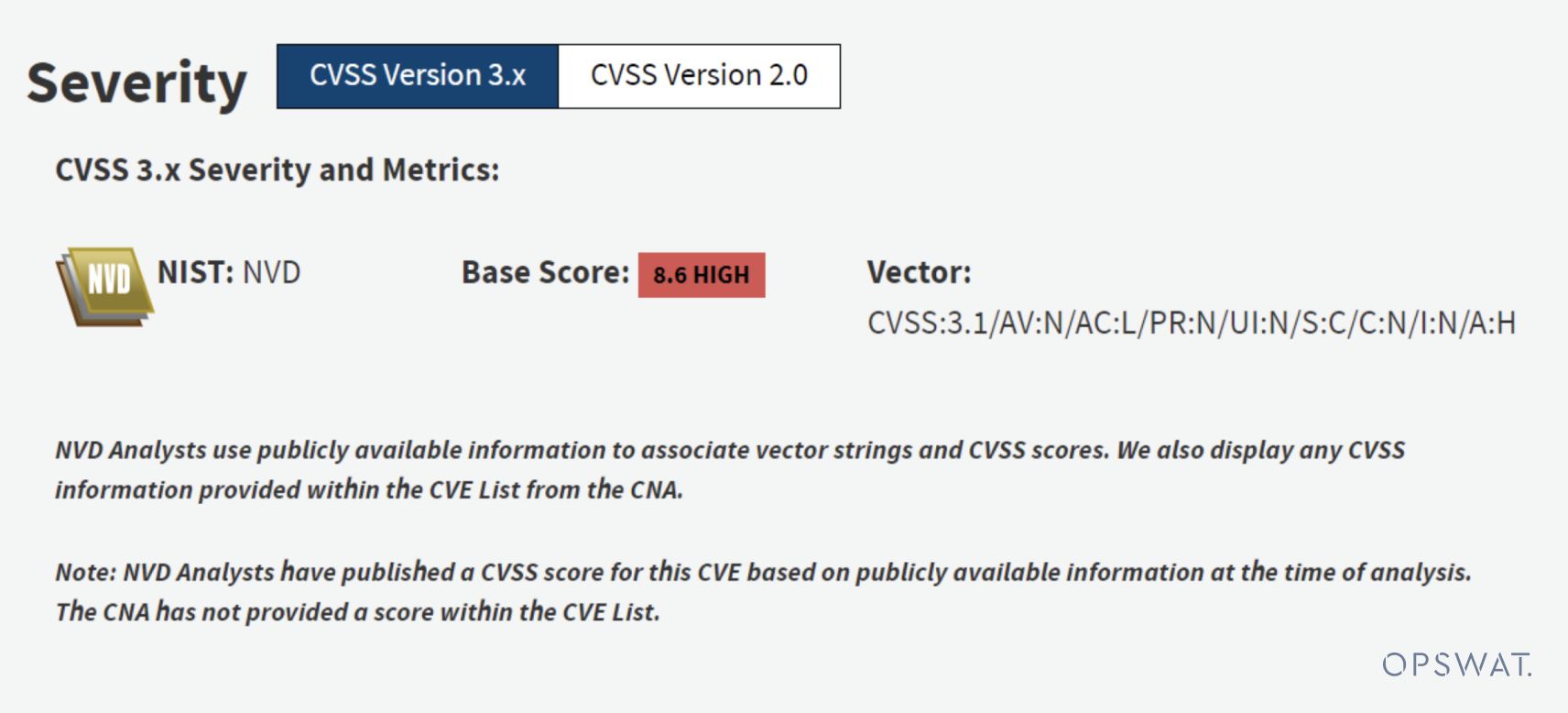 安全漏洞卡顯示 NIST NVD 的嚴重性高達 8.6 分,並附有詳細的 CVSS 3.x 向量指標