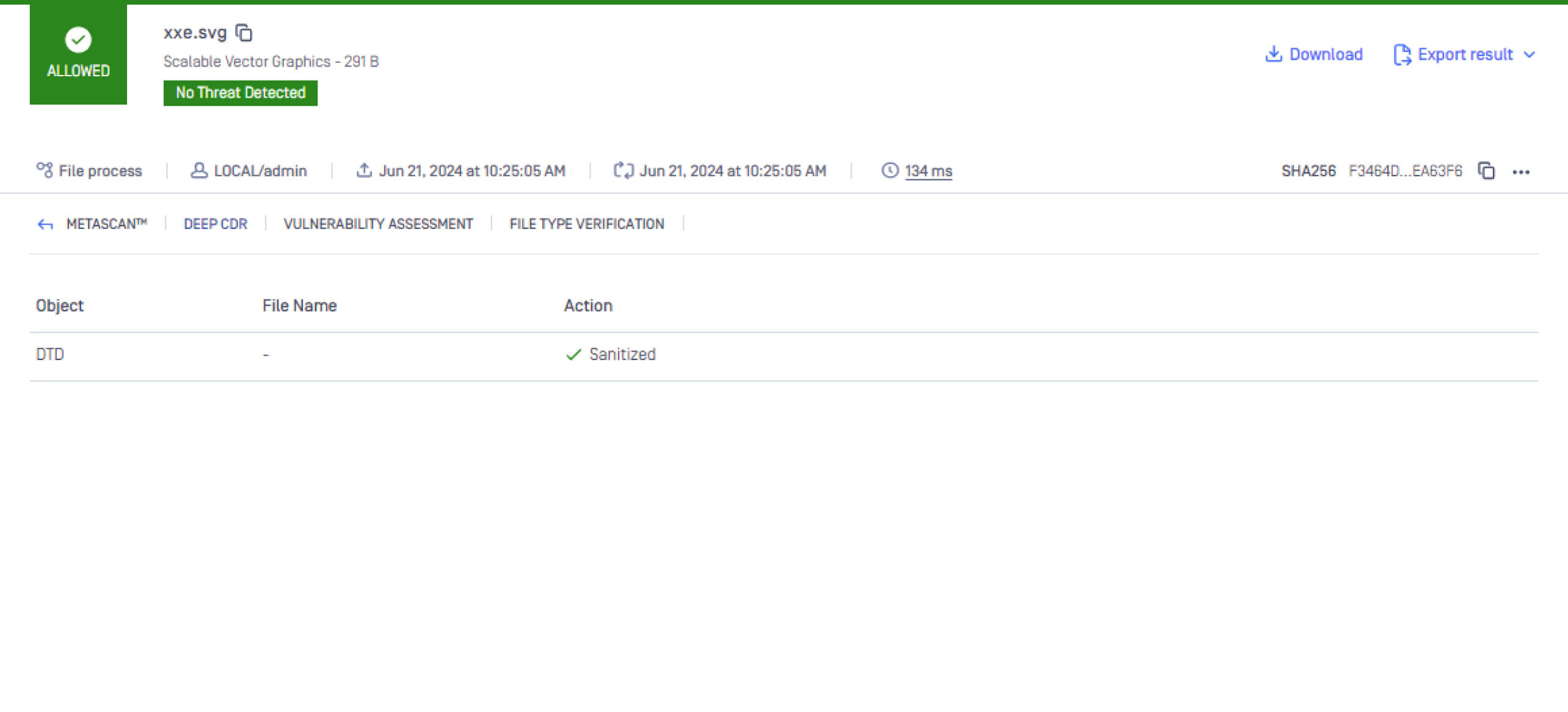 脆弱性評価後、許可されサニタイズされたとマークされたSVGファイルを示すセキュリティ・レポート