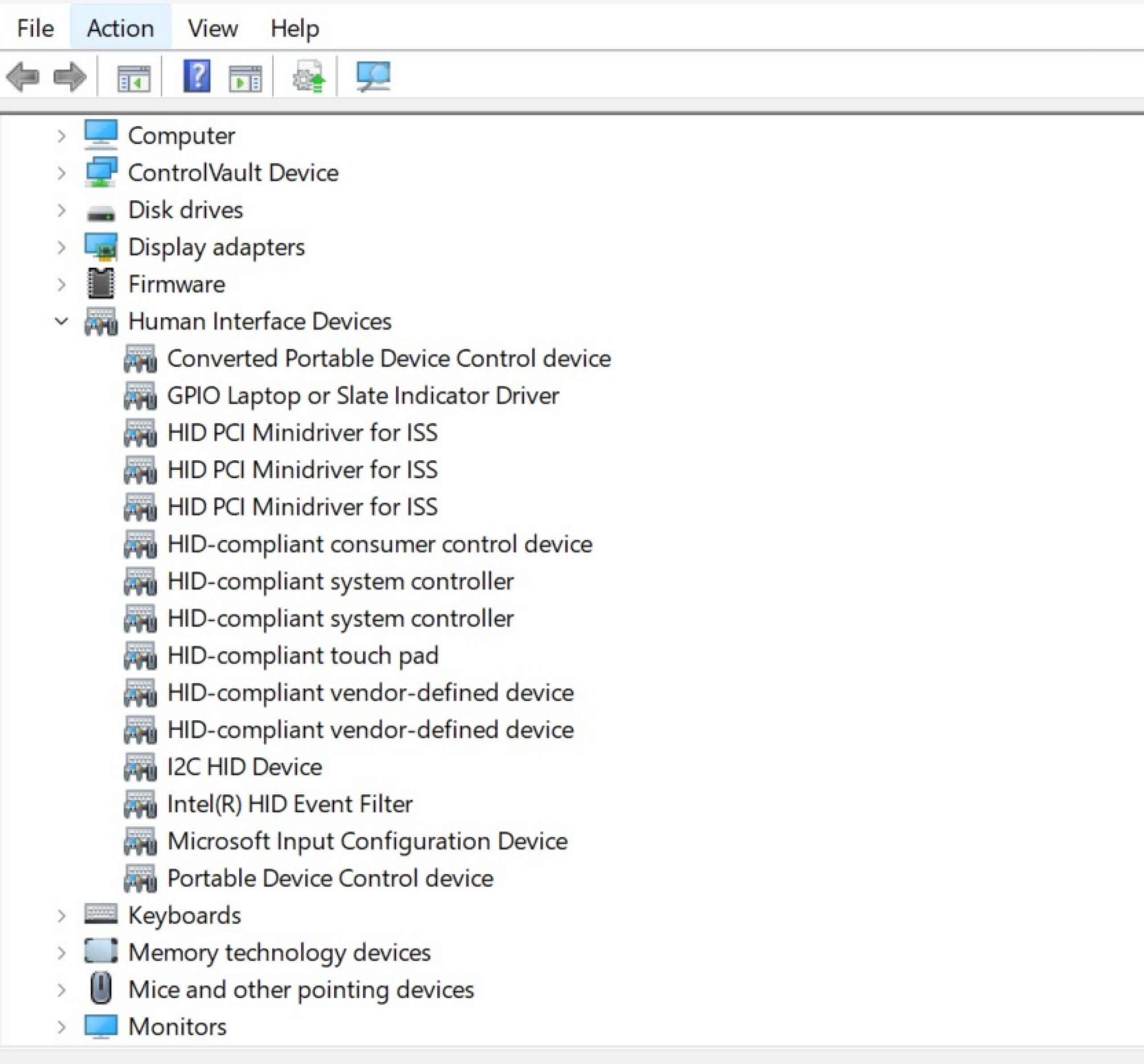 Device Manager window showing a list of Human Interface Devices, including HID-compliant devices, touchpads, and system controllers