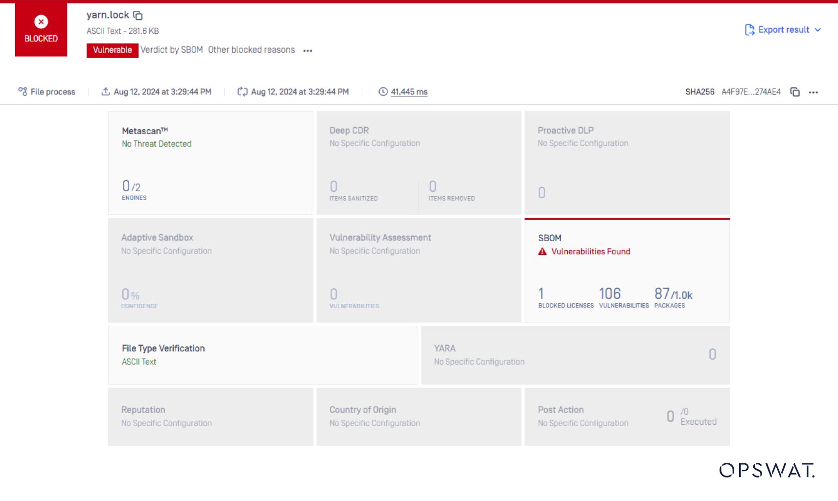 OPSWAT SBOM tool detecting vulnerabilities in an open-source file