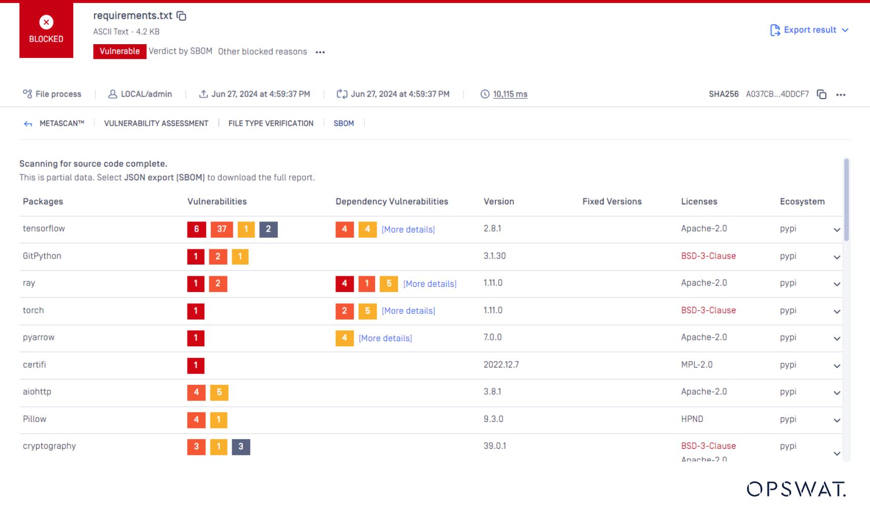 OPSWAT SBOM tool showing software license vulnerabilities in a source code file