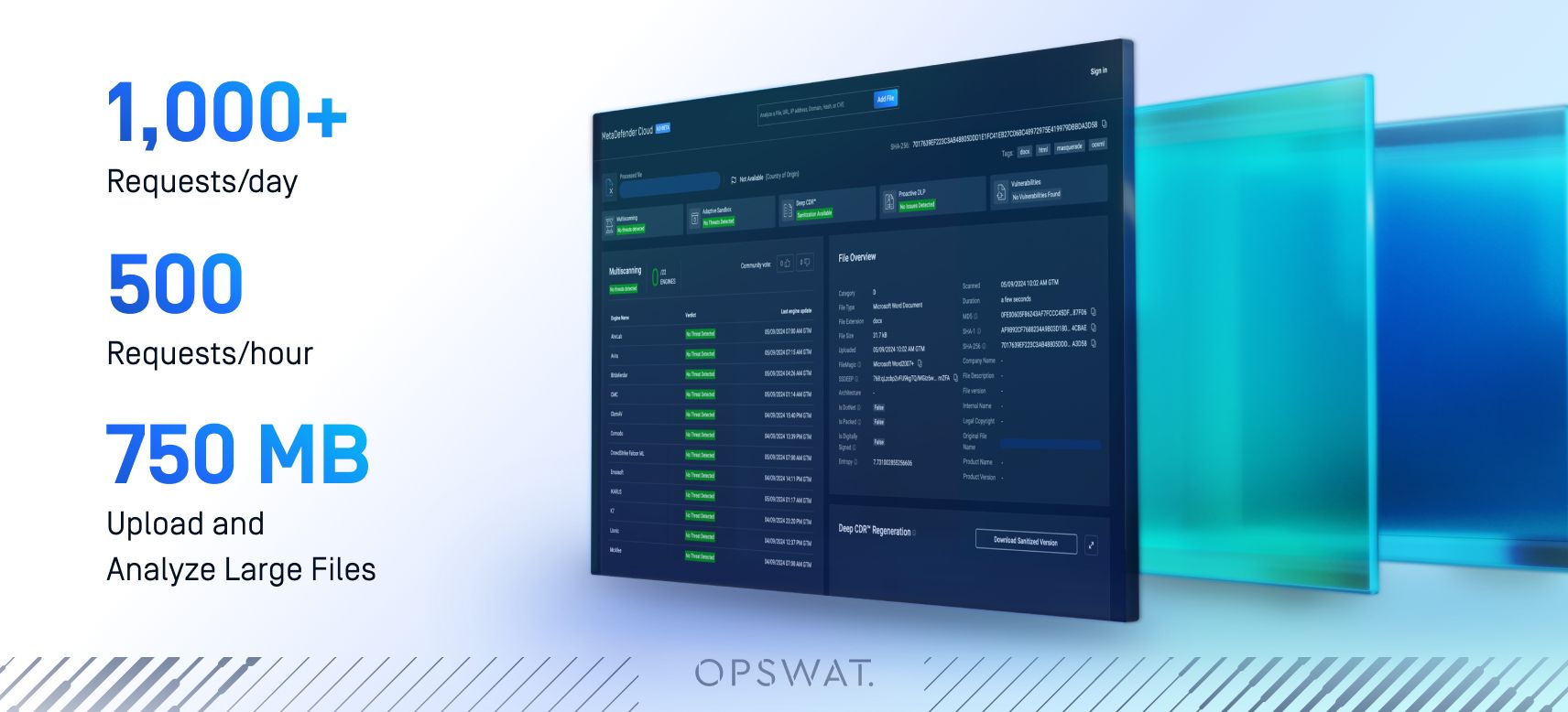 MetaDefender cloud platform handling over 1,000 requests daily, 500 requests per hour, and supporting uploads of large files up to 750 MB