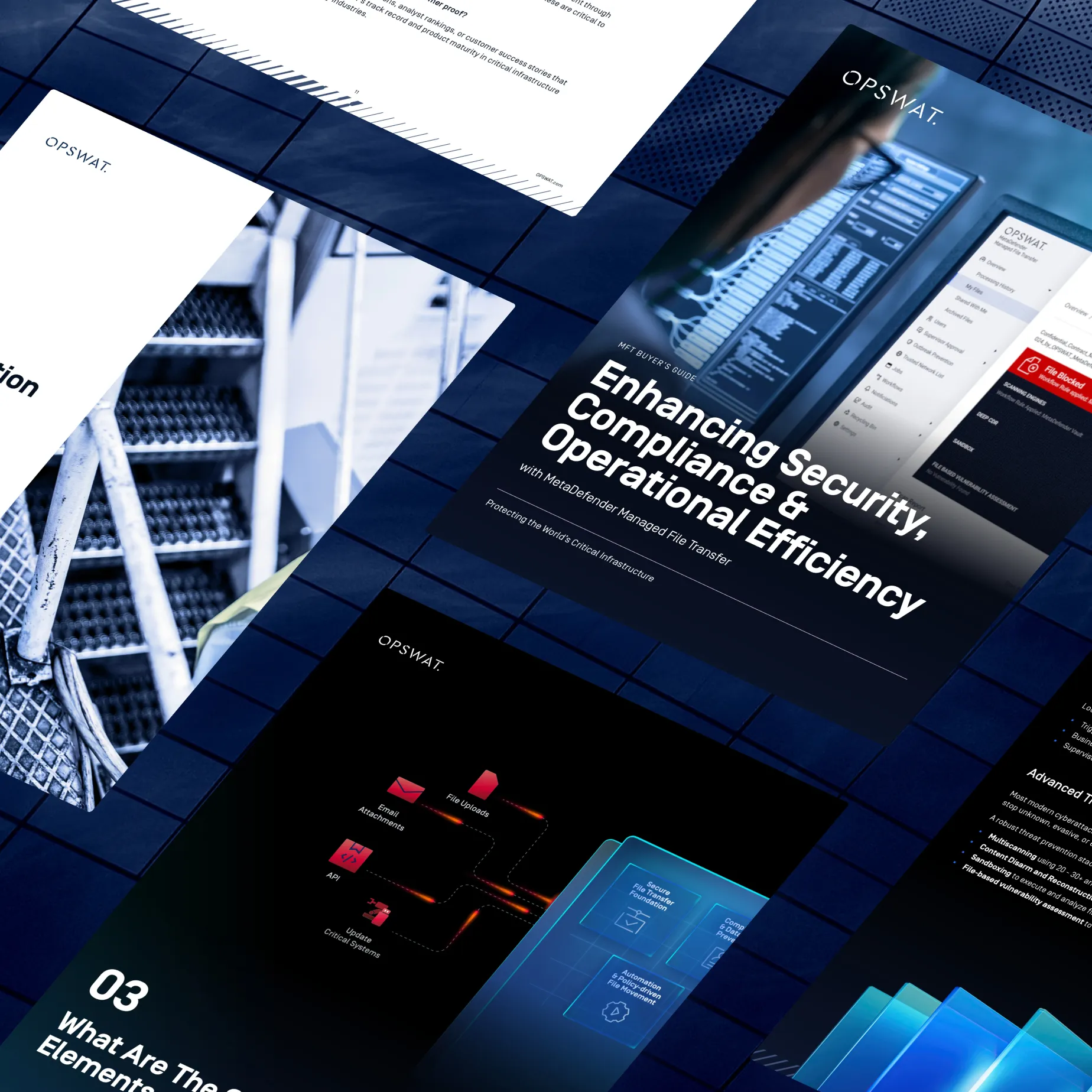 Ảnh ghép đồ họa của OPSWAT tài liệu và sơ đồ hướng dẫn so sánh truyền tệp tin được quản lý