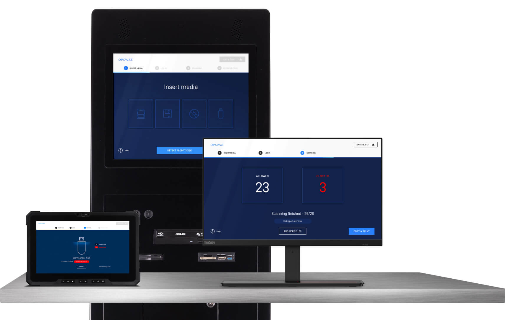 display of OPSWAT MetaDefender Kiosk devices showcasing a security screening interface with statistics on threats detected