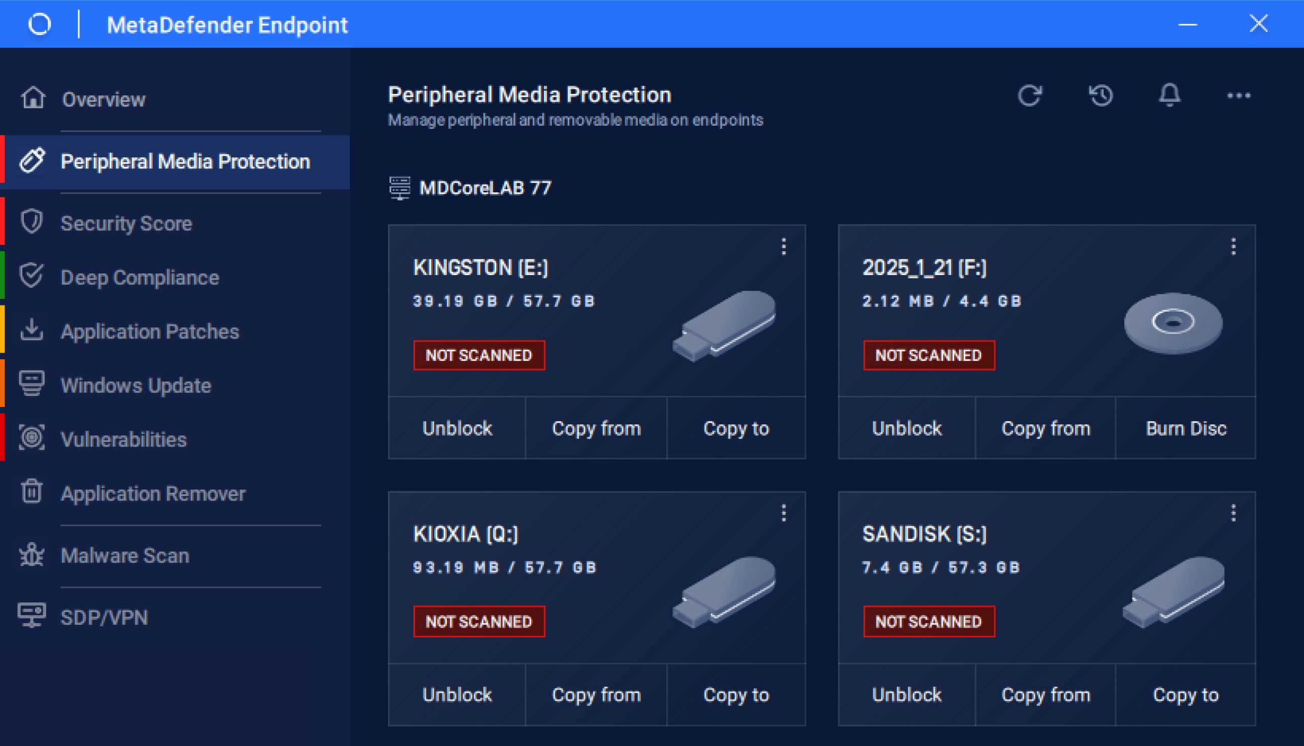 Schnittstelle mit Anzeige der erkannten Wechselmedien, des Scanstatus und der Sicherheitsoptionen