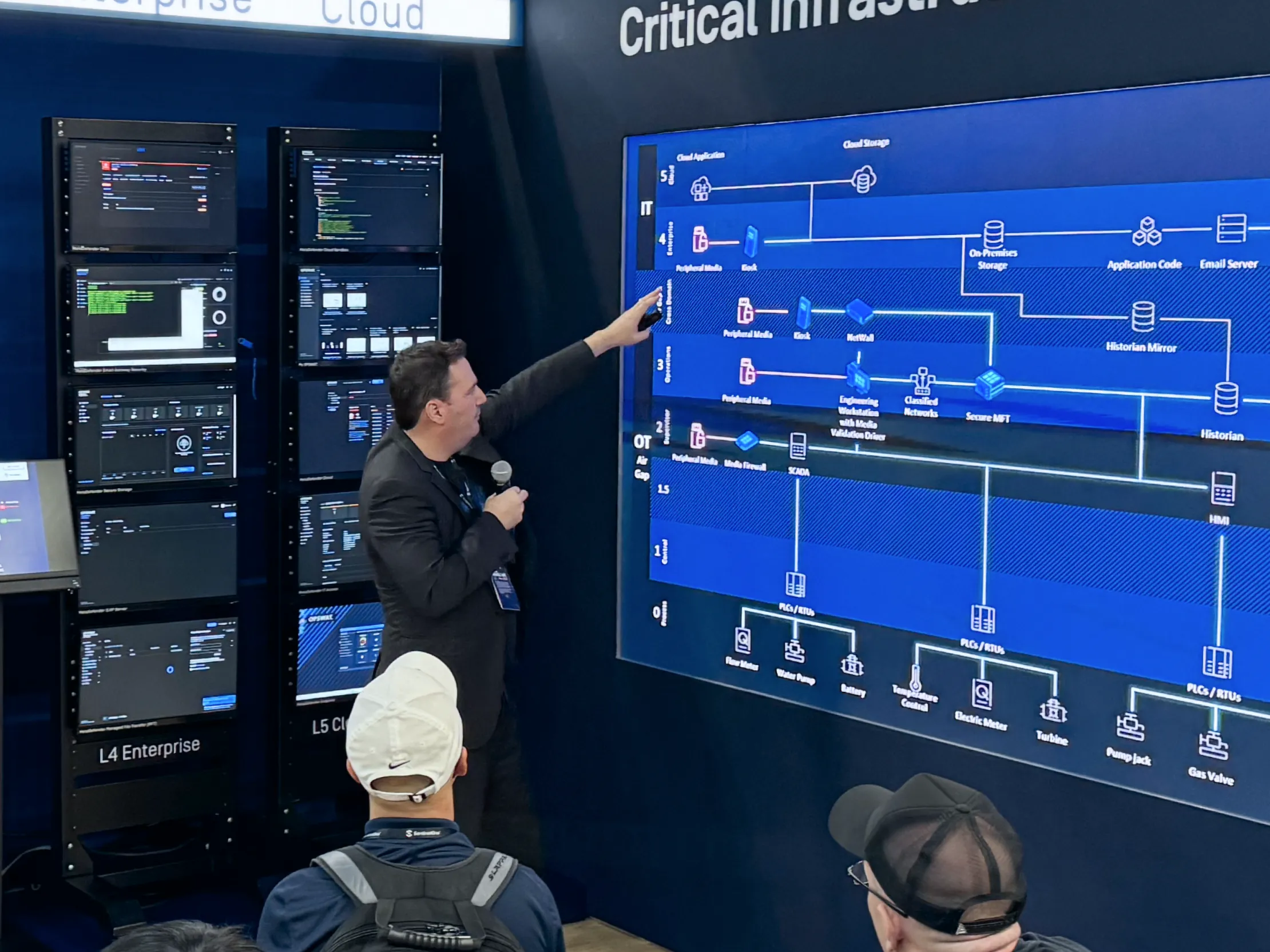 Presenter explains a critical infrastructure network diagram at at CIP lab booth to an audience
