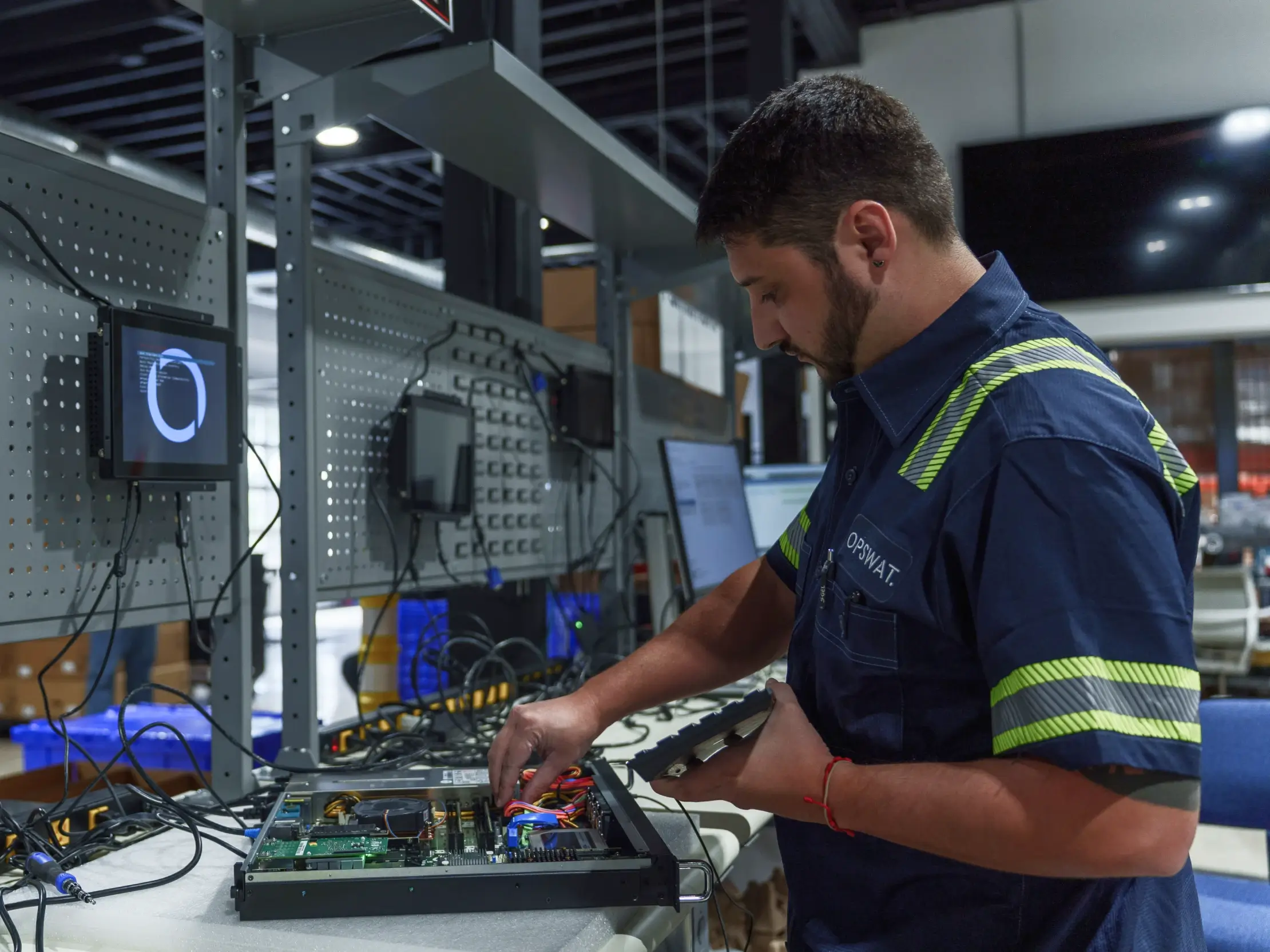 Technician at OPSWAT Tampa Ybor City cybersecurity production facility assembling hardware for MetaDefender lab