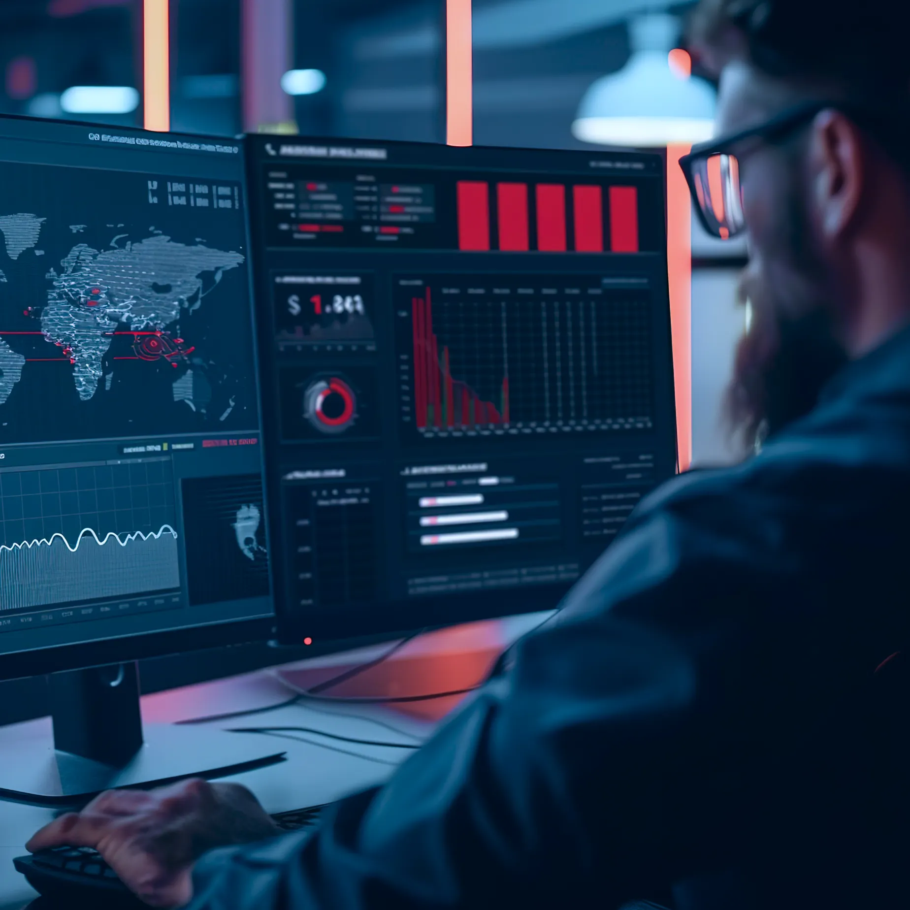 Analyst reviews security dashboards with maps and charts for cross domain solutions buyer's guide for government and defense security