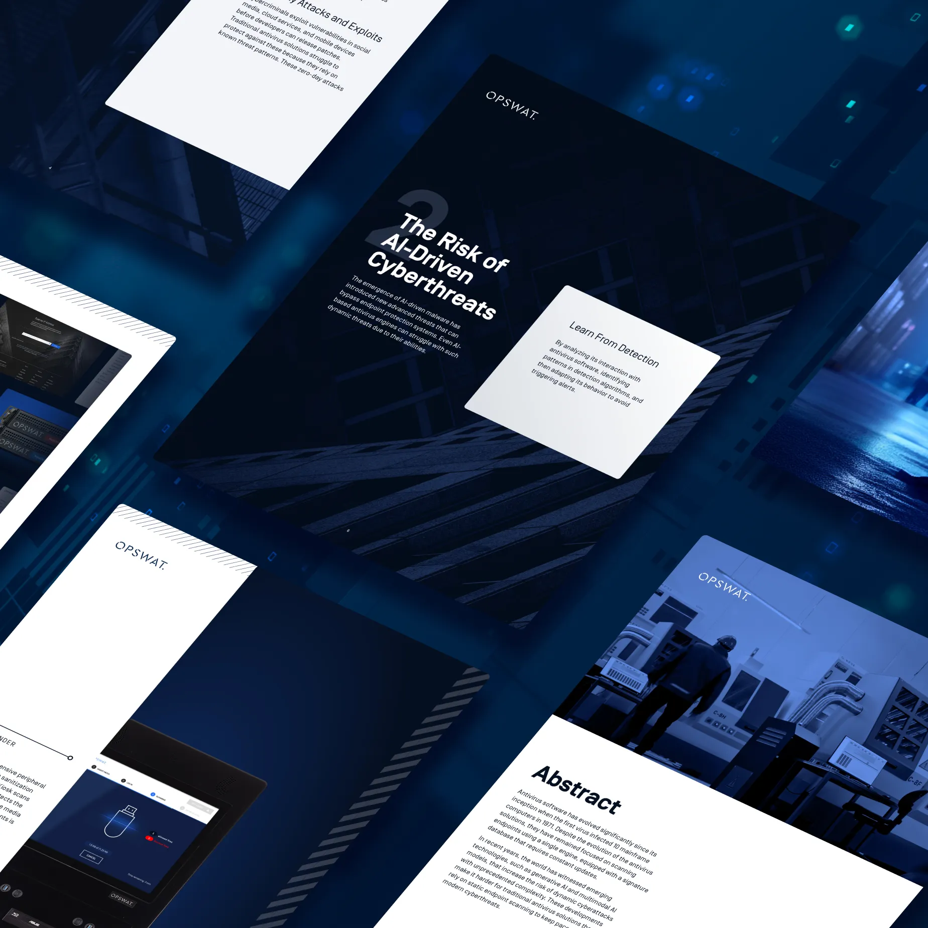 Abstract graphic showing documents about AI-driven cyberthreats and how traditional antivirus struggles to keep up