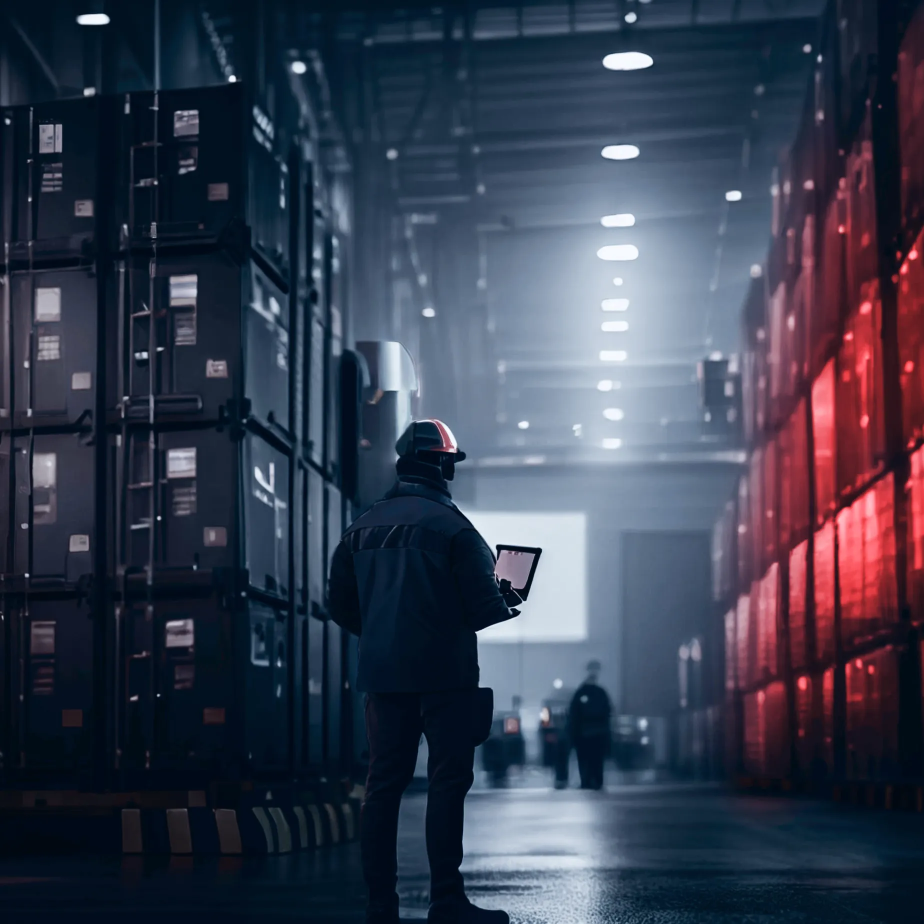 Worker with tablet inspects warehouse containers, illustrating challenges for traditional antivirus detection