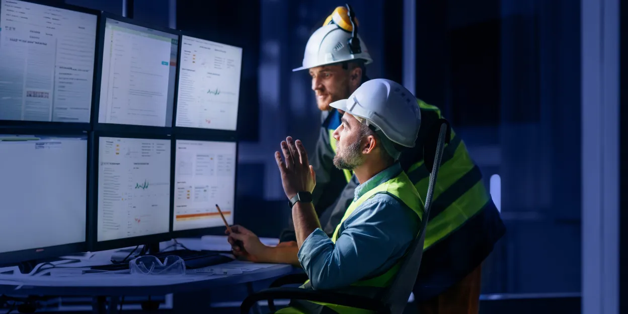 Engineers monitor multiple screens, illustrating securing classified data with cross domain solutions