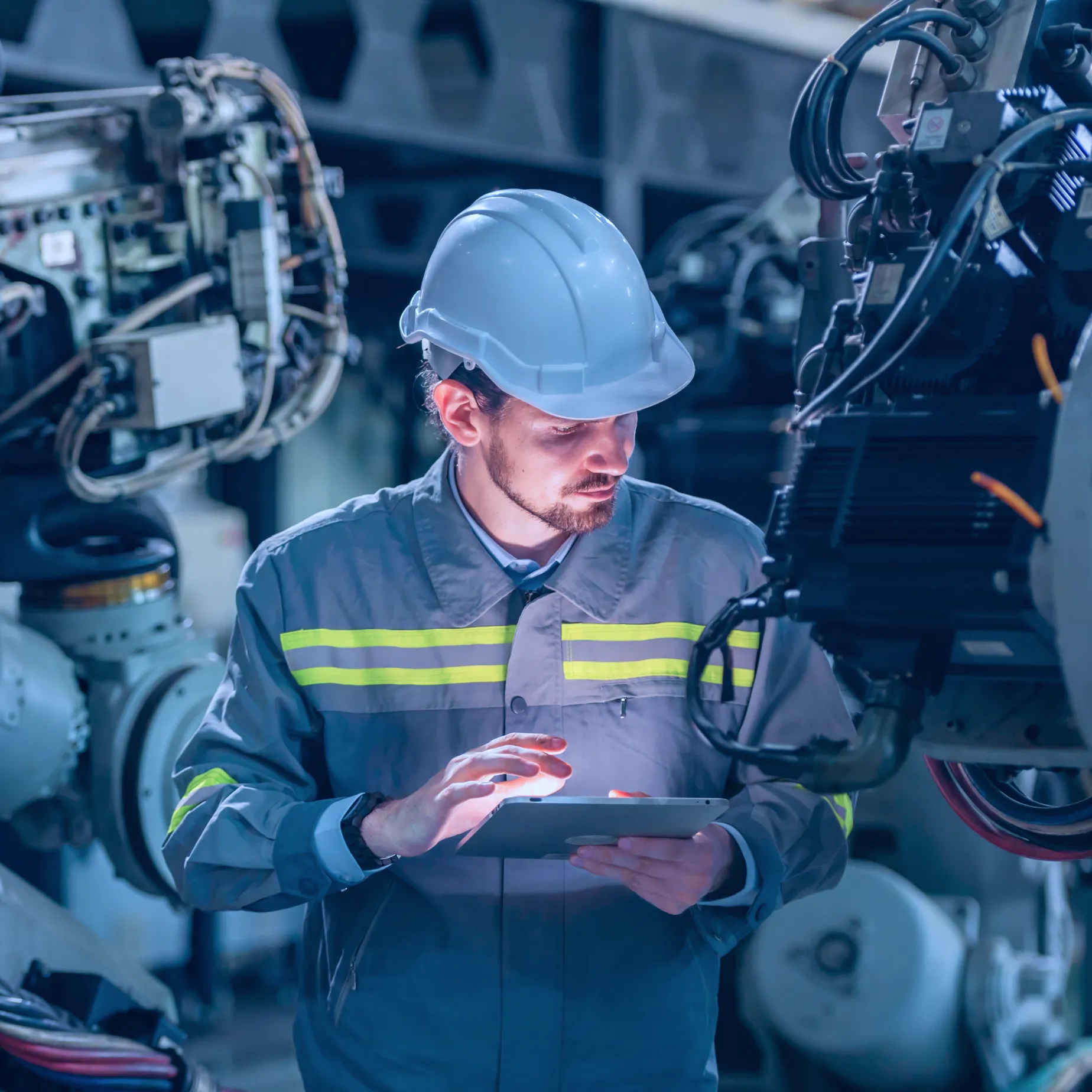 Engineer with tablet inspects industrial machinery, demonstrating OT asset visibility in a factory setting